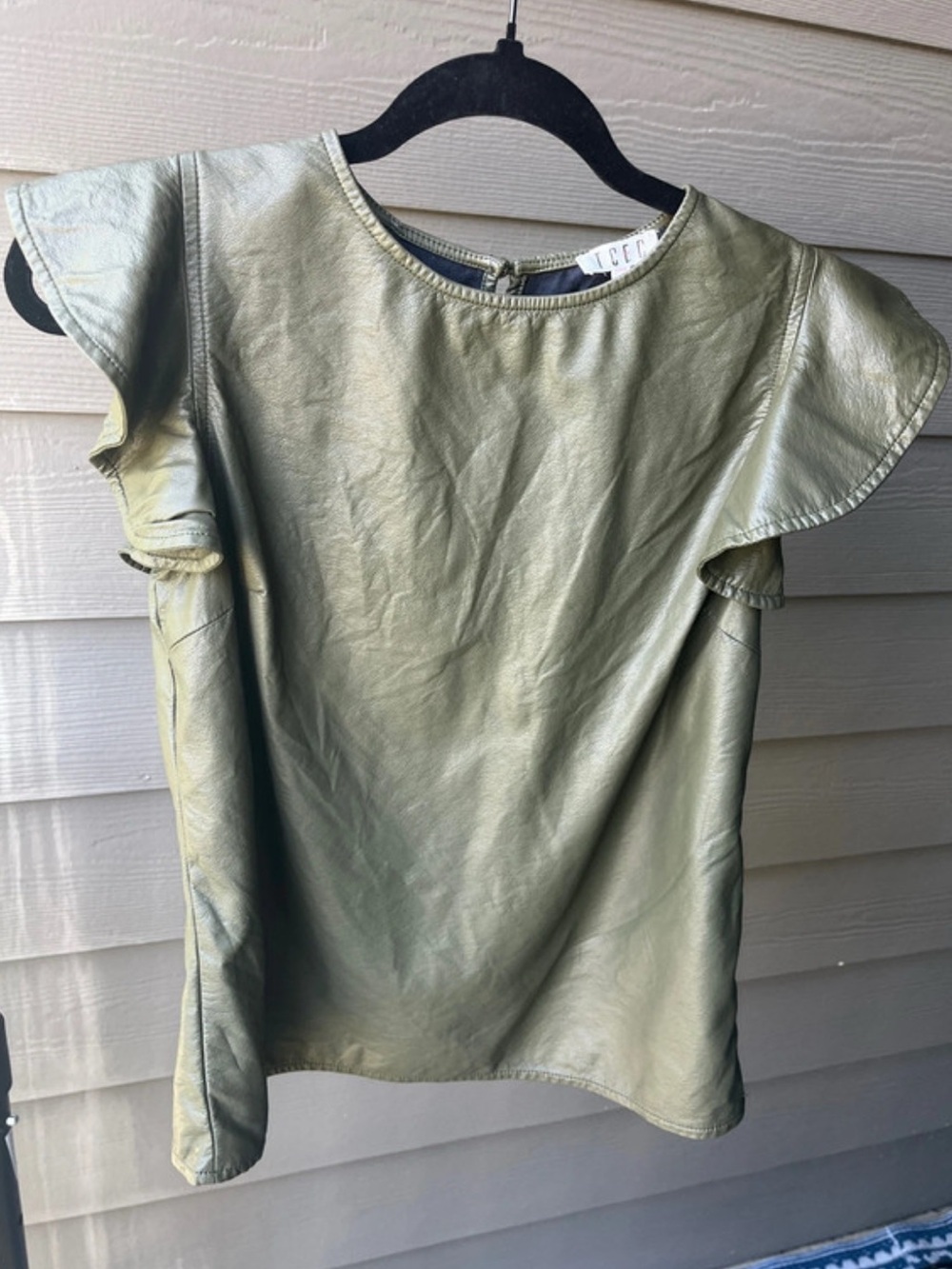 Olive Green Faux Leather Flutter Sleeve Blouse